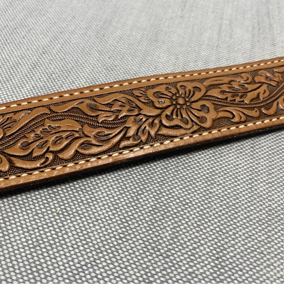 Vintage Livingston Wells&Co Nautical Gold Dealers w/Tooled Leather Hibiscus Belt - Picture 5 of 14